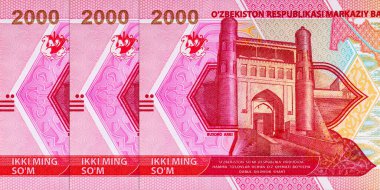 2000 Som, Özbekistan, Buhara Kemeri 'nin görüntüsüyle. Karavan rotaları Özbekistan haritasında. Özbekistan 'ın Parası.