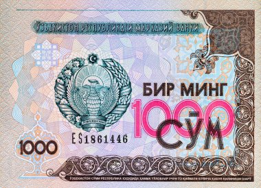 1000 Som Özbekistan, amblem ve ulusal sembollerle. Özbekistan 'ın Parası.