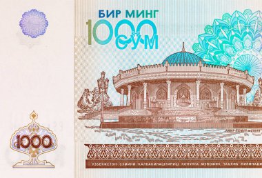 Taşkent 'teki Amir Timur Müzesi' nin resmiyle 1000 Som Özbekistan. Özbekistan 'ın Parası.