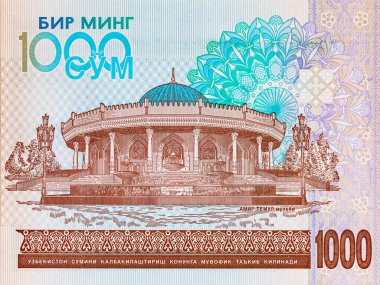 Taşkent 'teki Amir Timur Müzesi' nin resmiyle 1000 Som Özbekistan. Özbekistan 'ın Parası.