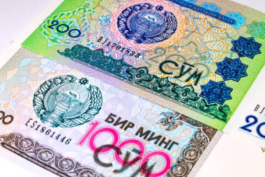 200 ve 1000 Som Özbekistan. Para geçmişi var. Özbekistan 'ın Kağıt Parası.