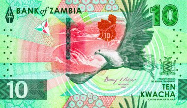 10 Kwacha Zambiya 'da baraj ve kartal resmi var. Zambiya ve Afrika 'nın parası.