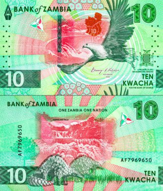 10 Kwacha Zambiya 'da baraj ve kartal resmi var. Zambiya ve Afrika 'nın parası.