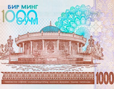 Taşkent 'teki Amir Timur Müzesi' nin resmiyle 1000 Som Özbekistan. Özbekistan 'ın Parası.