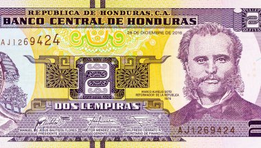 2 Lempiras, Honduras, 2019 with a portrait of Former President Marco Aurelio Soto. Honduran money