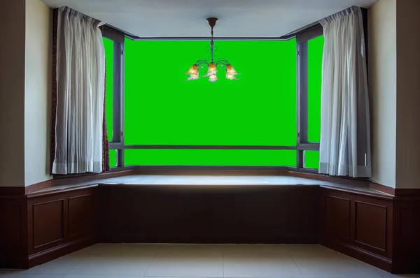 Изолированное Стеклянное Окно Зеленом Фоне Вид Изнутри Роскошного Номера — стоковое фото