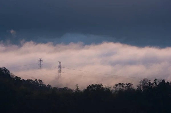 Електричний Пілон Зеленому Лісі Горах Туман Красиве Золоте Світло Вранці — стокове фото