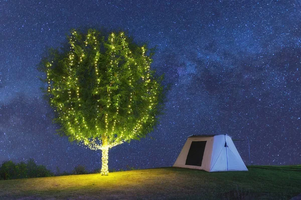 Beautiful Tree Adorn Lights Tent Camping Night Milky Way Galaxy — Fotografia de Stock
