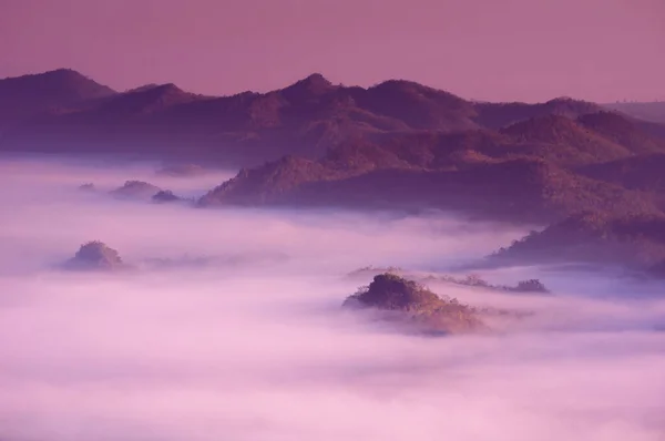 从Doi Pha Phueng Pang Puai Mae Moh Lampang 看黎明 日出和飘过高山森林的薄雾 免版税图库图片