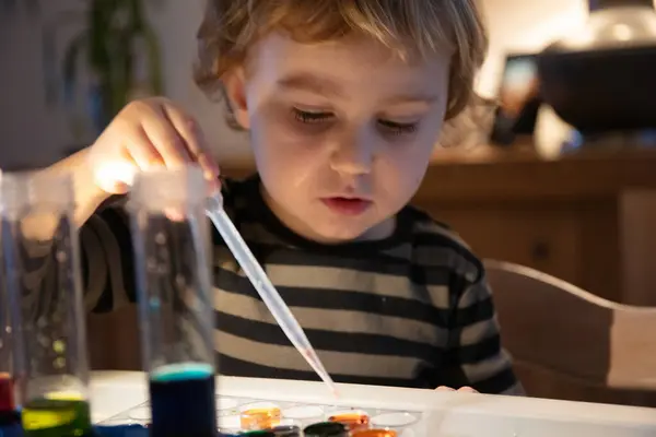 Εκπαίδευση Στο Σπίτι Μάθηση Χημικά Πειράματα Για Ένα Καυκάσιο Παιδί Φωτογραφία Αρχείου
