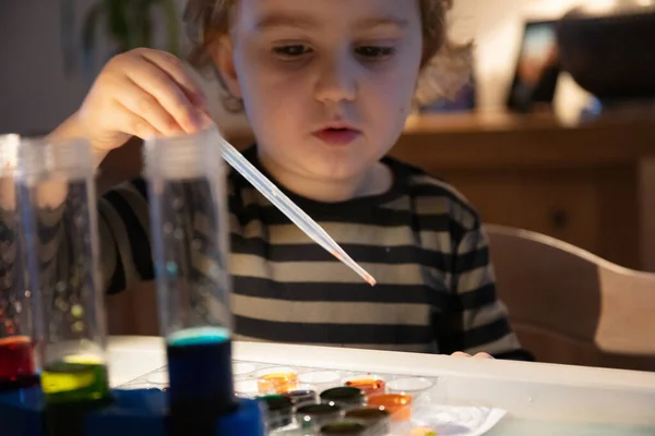 Educatief Thuis Leren Met Chemisch Experiment Voor Een Blank Kind Stockafbeelding