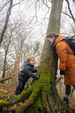 Anne ve oğul, mutlu bir şekilde bir ağaca sarılıp doğayla bağ kurmaya çalışıyorlar..