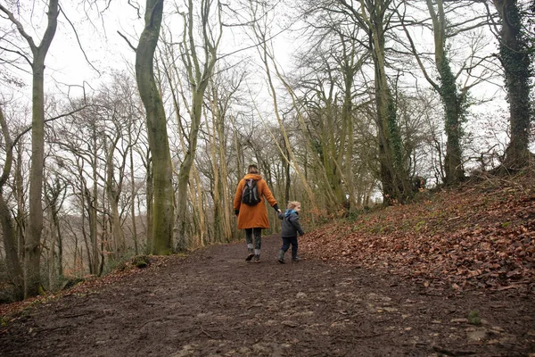 Μητέρα Και Γιος Περπατούν Μαζί Στο Δασικό Μονοπάτι Κρατώντας Χέρια Εικόνα Αρχείου