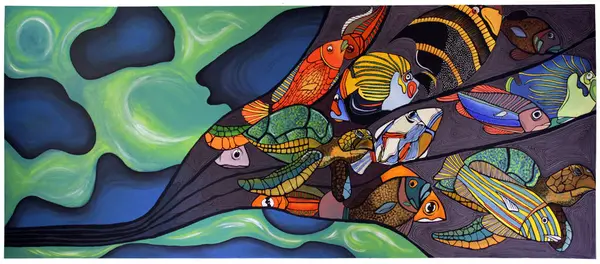 Maldivler - 21 Mart 2014: Tropikal okyanustaki tüm canlılarla denizi temsil eden bir duvara resim yapmak.