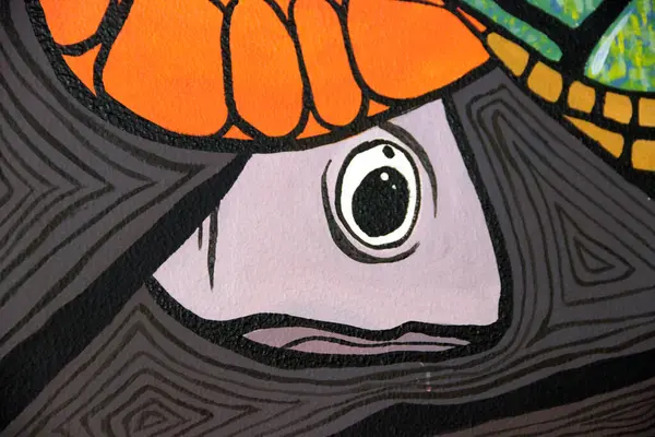 Maldivler - 20 Mayıs 2014: Tropikal okyanustaki tüm canlılarla denizi temsil eden bir duvarda resim yapmak. Balık kafasının ayrıntıları.