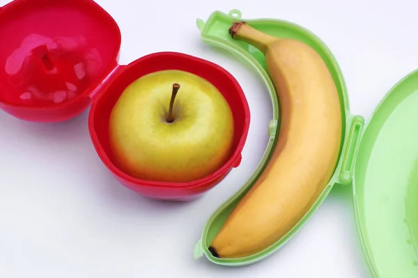Apple Banana Plastic Containers — Stock Photo, Image