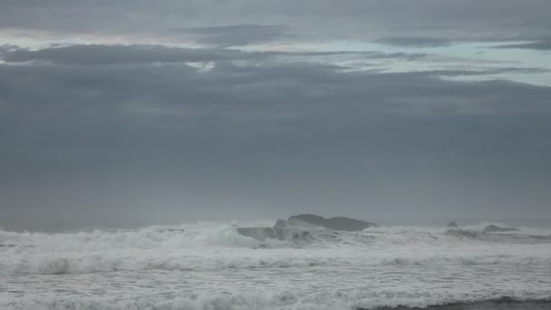 Stürmische Meereswellen Krachen Bei Trübem Wetter Gegen Felsen Der Küste lizenzfreies Stockvideo