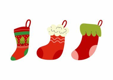 Bir çift Noel Çorabı. Noel Baba 'dan hediyeler için dekoratif Noel çorapları. Beyaz arkaplanda düz resimleme.