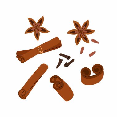 Baharat seti. Kurutulmuş tarçın, karanfil ve anason. İçecekler, pişirme ve diğer yemekler için bir malzeme. Doğal Hint baharatı. Düz vektör illüstrasyonu kümesi.