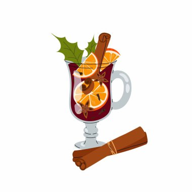 Gluhwein. Klasik bir sonbahar ya da kış içkisi. Tarçınlı, portakallı, anason ve karanfilli sıcak şarap. Şarap içmenin düz çizimi.
