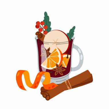 Gluhwein. Sıcak sonbahar ya da kış içkisi. Tarçınlı, elmalı, portakallı, anason ve karanfilli sıcak şarap. Şarap içmenin düz çizimi.