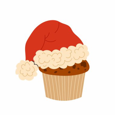 Çörek. Noel Baba şapkasıyla süslenmiş çikolatalı kek. Tatil pastası. Beyaz arkaplandaki gıdanın düz çizimi.