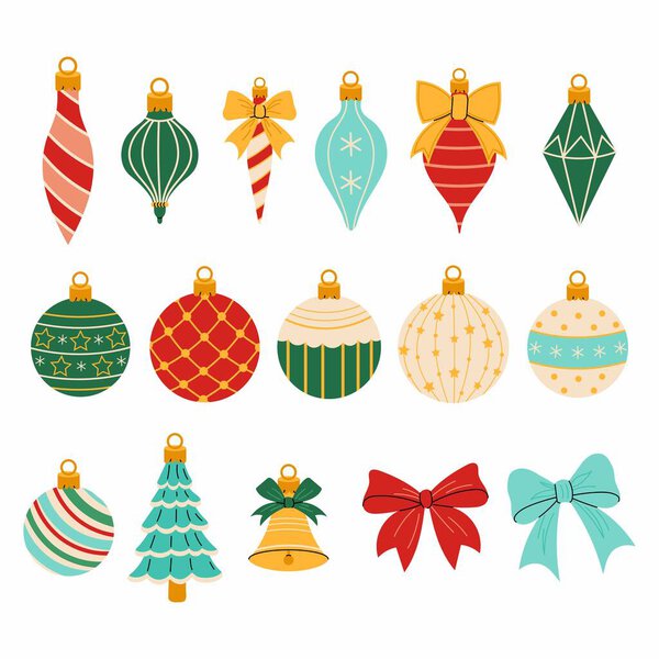  Набор елочных украшений в стиле ретро. Декоративные луки. Зимнее праздничное оформление. Стеклянные игрушки традиционный элемент новогоднего дизайна. Рождественский звонок.