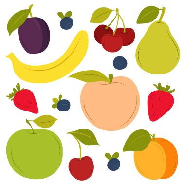 Beyaz zemin üzerinde düz şekilli meyvelerin vektör çizimleri. Çeşitli meyve ve meyveler.