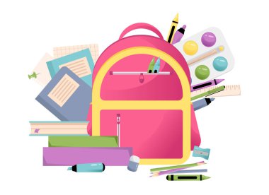 Düz stil içinde vektör illüstrasyon okul çantası. Okul eşyalarıyla dolu. Okul.