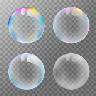 Sabun köpüklerinin vektör çizimleri. Beyaz arkaplanda dört tip sabun köpüğü.