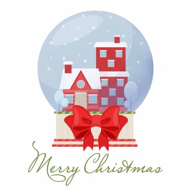 Düz stil bir evi olan bir Noel balosu. Noel dekoru. Tatil kartı.