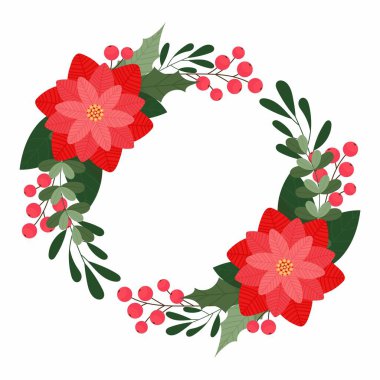 Düz bir Noel çelengi. Tatil için çiçek aranjmanı. Noel çiçekleri.