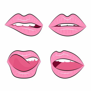 Dudaklar. Farklı duyguları ifade eden bir dizi pembe dudak çizimi. Çizgi film tarzında kadın dudakları, gülücük ve şehvetli dudaklar, beyaz arka planda öpücük ve dil..