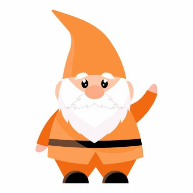 Turuncu elbiseli bahçe cücesi el sallıyor. Küçük adam. Bahçe için heykel.