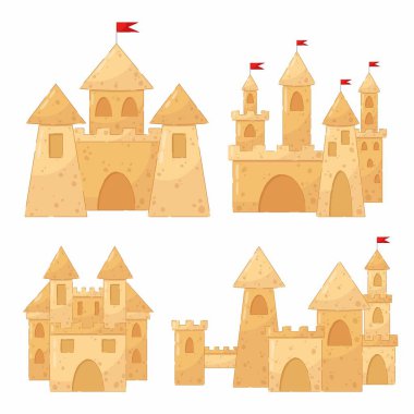 Kumdan kale. Beyaz zemin üzerinde kırmızı bayraklı kum kalelerinin vektör çizimleri.