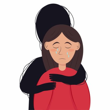 Siyah bir siluet ağlayan bir kıza sarılıyor. Depresyon. Psikolojik hastalık.
