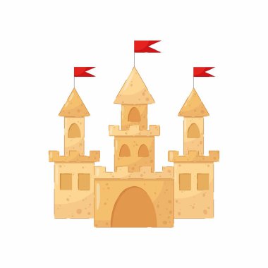 Kuleleri ve kırmızı bayrakları olan kumdan bir kale. Plajda tatil. Yaz kompozisyonu.