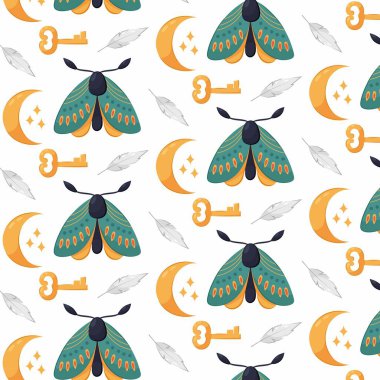 Seamless pattern with a magical motif. Pattern with moon, feather, key and moth. Mystical print in flat style on a white background. Print for fabric, wrapping paper or background. clipart