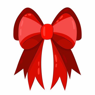 Kırmızı fiyonk beyaz arka planda düz bir şekilde. Kutlama, ambalaj dekoru. Noel, doğum günü, 8 Mart, Anneler Günü..