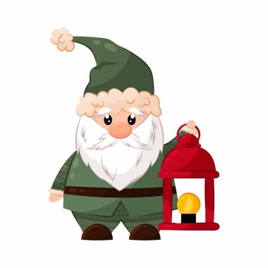 Gnome with a red lantern in flat style. Vector illustration of a gnome in a green suit on a white background. Christmas character, decor, print clipart