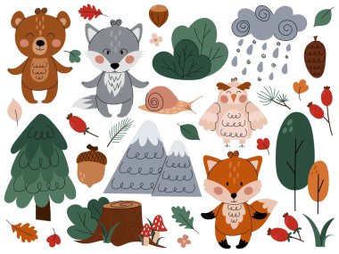 Orman hayvanlarının karalama elementleriyle düzleştirilmiş büyük bir vektör çizimi. Oyuncak ayı, kurt, tilki, baykuş, salyangoz ve İskandinav tarzında değişik orman öğeleri..