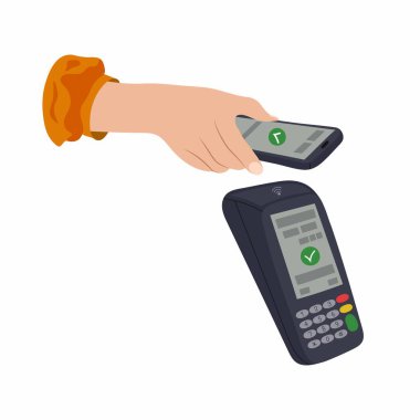 NFC sistemi olan bir telefon kullanarak satın alımları öde. Düz biçimli ve cep telefonu olan bir elin vektör illüstrasyonu.