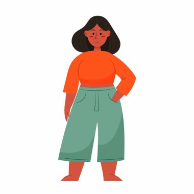 Şirin tombul bir kız ayakta duruyor. Beyaz arka planda pantolon ve ceketli bir kadın. Porter tam yükseklikte. Vücut pozitifliği.