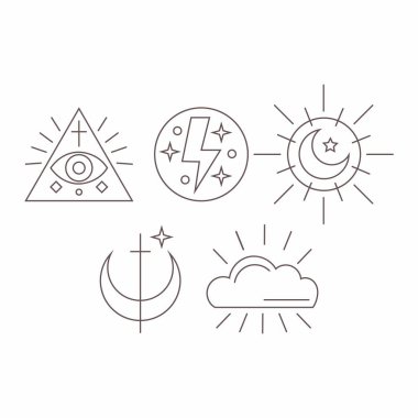 Farklı ikonlar. Beyaz arka planda doğa, güneş, ay ikonları. Dekorasyon için karalama simgeleri. Mistisizm, tarot kartları.