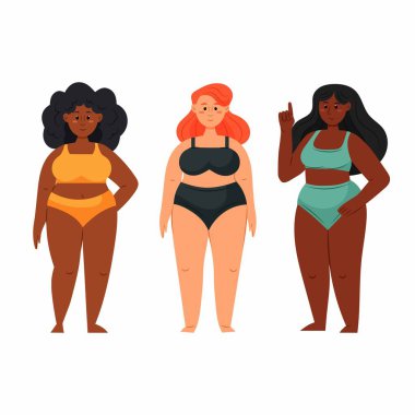 Bikinili güzel kadınların vektör çizimleri. Farklı ten renkleri olan güzel kızlar. - İnsanlar. Yaz.