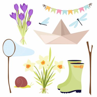 Set of vector illustrations in flat style on a white background. Spring set of decorative elements. Flowers, insects, boat, net, rubber boots in flat style. clipart