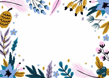 Kış bitkileriyle Noel arkaplanı. Şenlikli arka plan, düz çerçeve. Çerçevesi ladin dalları, böğürtlenler, yapraklar ve çiçeklerle.