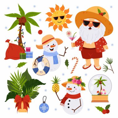 Tropik Noel. Noel Baba, palmiye ağacı, hediyeler, düz stil kardan adam. Bayram tasarımları, afişler, kapaklar, reklamlar, tebrik kartları için vektör illüstrasyon. Noel ve Yeni Yıl kavramı.
