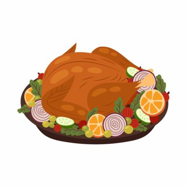 Portakallı bir tepside kızarmış kümes hayvanları. Kızarmış tavuk, ördek ya da hindi. Beyaz arka planda neşeli bir yemek..