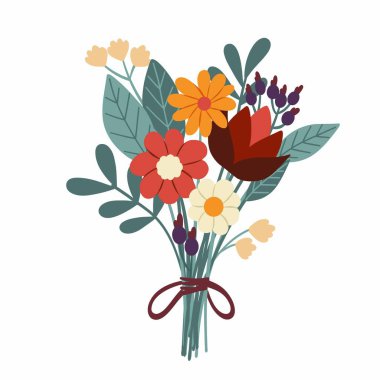 Sonbahar buketi. Tebrik kartları, çıkartmalar, posterler, davetiyeler için çiçek buketi. Sonbahar çiçeklerinin bileşimi. Beyaz arkaplanda düz biçim çizimi.